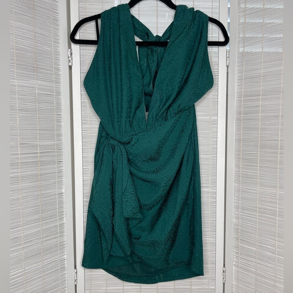 NBD Pari Green Leopard Print Halter Mini Dress Ruffle Detail Size S